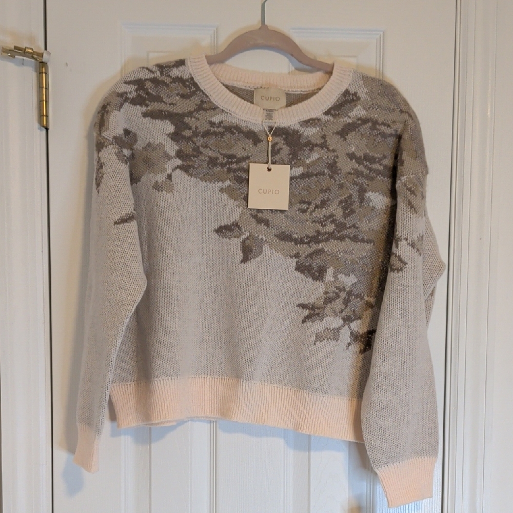 Cupio NWT Cozy Knit Sweater Neutral Floral Pattern Soft Pullover Size PL